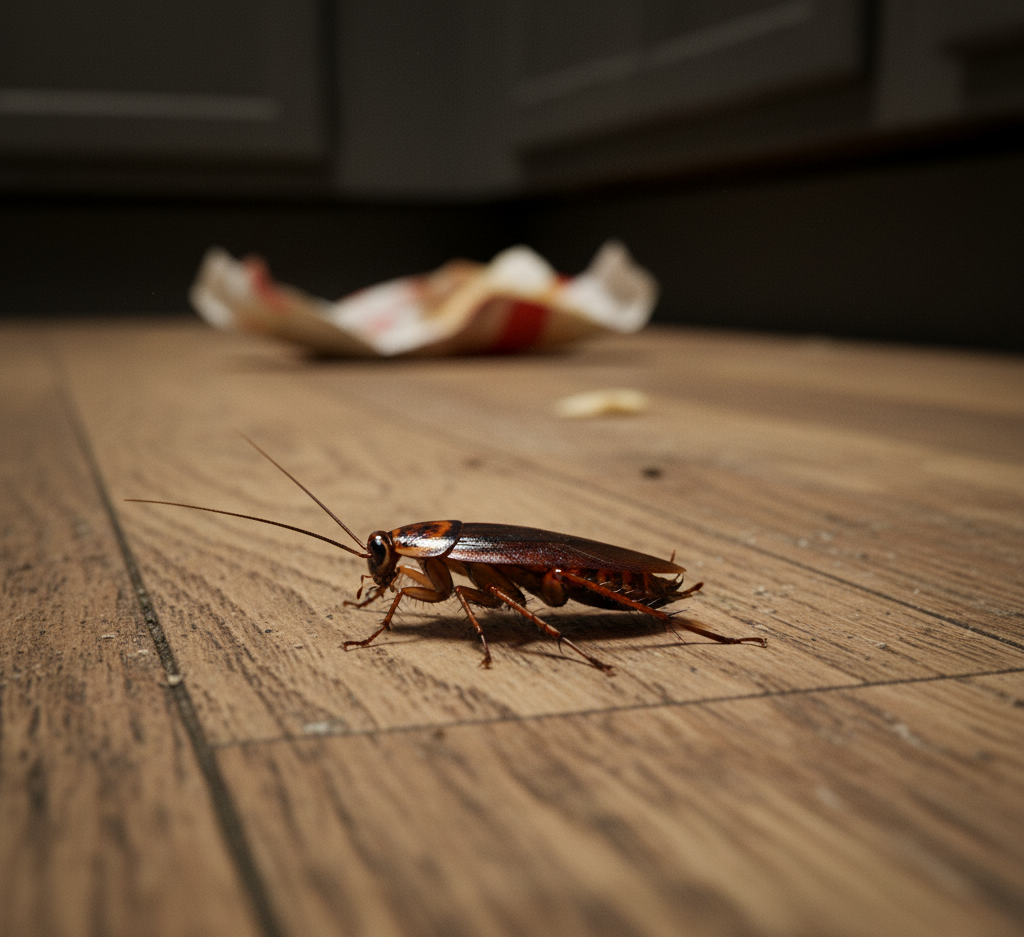 A cockroach on a hardwood kitchen floor with food scraps in the background, captured for educational use by Cockroach Exterminator in Tampa.