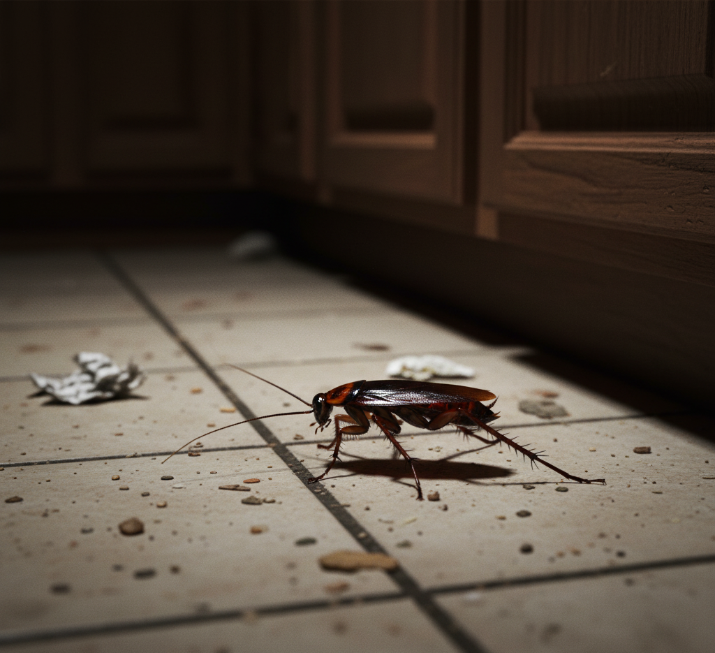 A cockroach moving across a kitchen tile floor with crumbs and debris, highlighting typical environments treated by Cockroach Exterminator in Tampa.