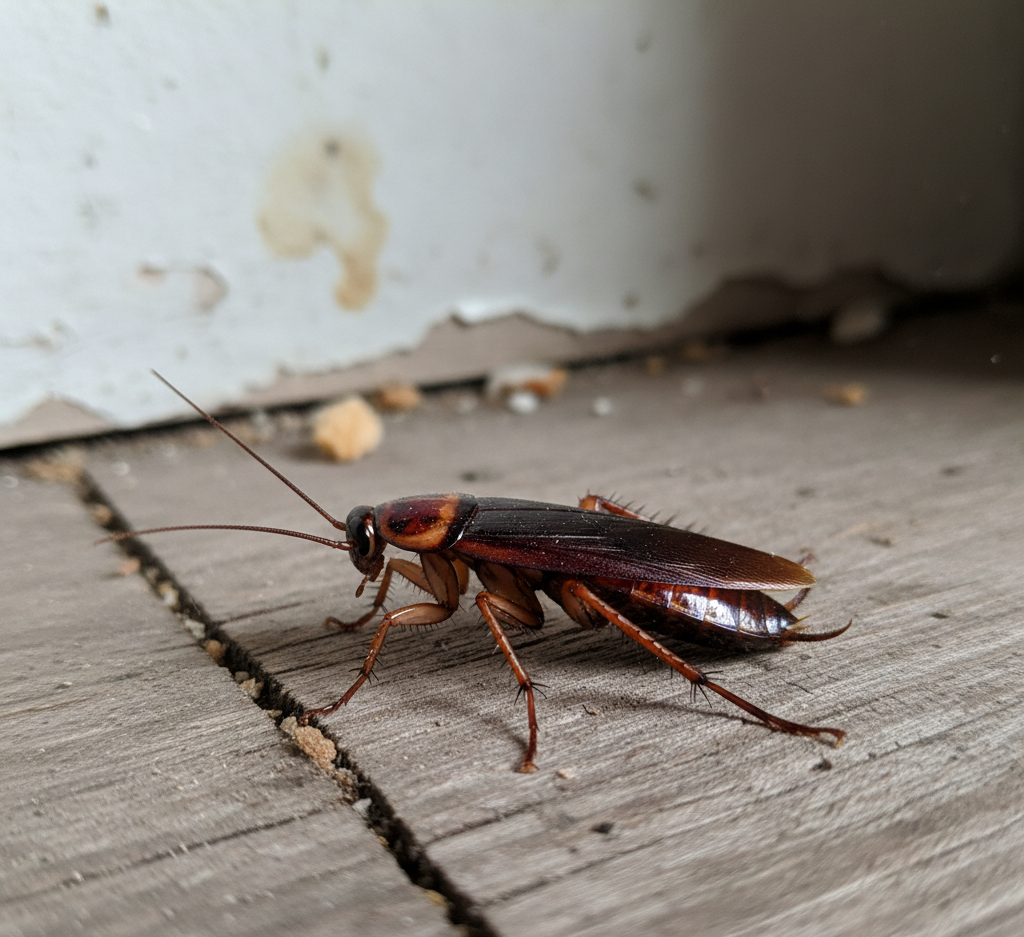 A cockroach crawling along a wooden floor near a wall, demonstrating inspection scenes by Cockroach Exterminator in Tampa.